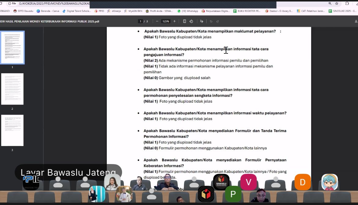 Pemberitahuan nilai SAQ dan masa sanggah melalui zoom Bawaslu Provinsi Jawa Tengah.