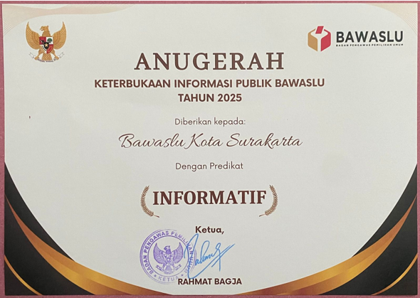 Penghargaan Anugerah Keterbukaan Informasi Publik Bawaslu Tahun 2025, Bawaslu Kota Surakarta kembali berhasil meraih predikat “INFORMATIF”