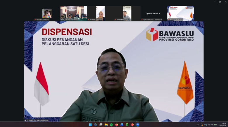 Anggota Bawaslu Puadi saat membuka sekaligus memberikan materi dalam kegiatan Diskusi Penanganan Pelanggaran Satu Sesi (Dispensasi) yang digelar oleh Bawaslu Provinsi Gorontalo secara daring, di Jakarta Rabu (12/2/2026).