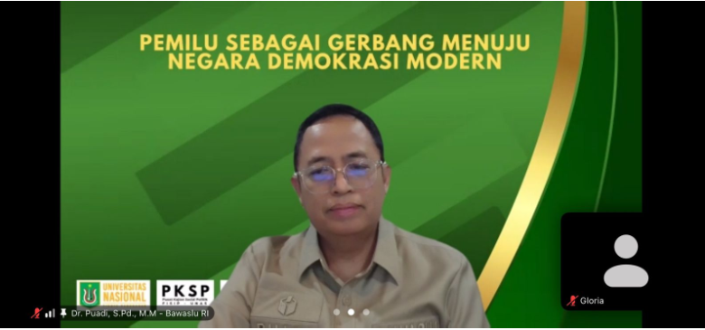 Anggota Bawaslu Puadi dalam Seminar Fisip Universitas Nasiona (Unas) secara daring, Kamis (12/2/2026).