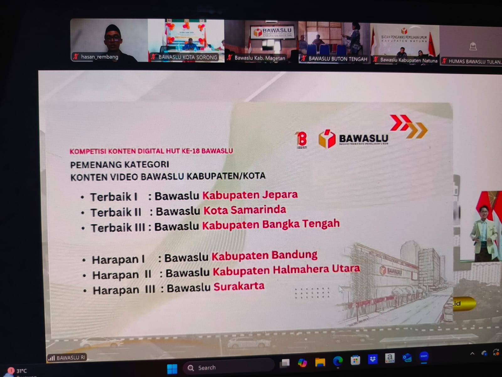 Pengumuman pemenang kompetisi dalam rangkaian perayaan HUT Bawaslu ke 18