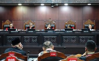 Suasana sidang Perselisihan Hasil Pemilihan Umum (PHPU) Wali Kota Palopo dan PHPU Mahakam Ulu di Gedung Mahkamah Konstitusi, Selasa, (8/7/2025)./Foto: Publikasi dan Pemberitaan Bawaslu